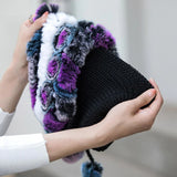 🎁Warme Blumen gestreifte Kaninchenfellmützen